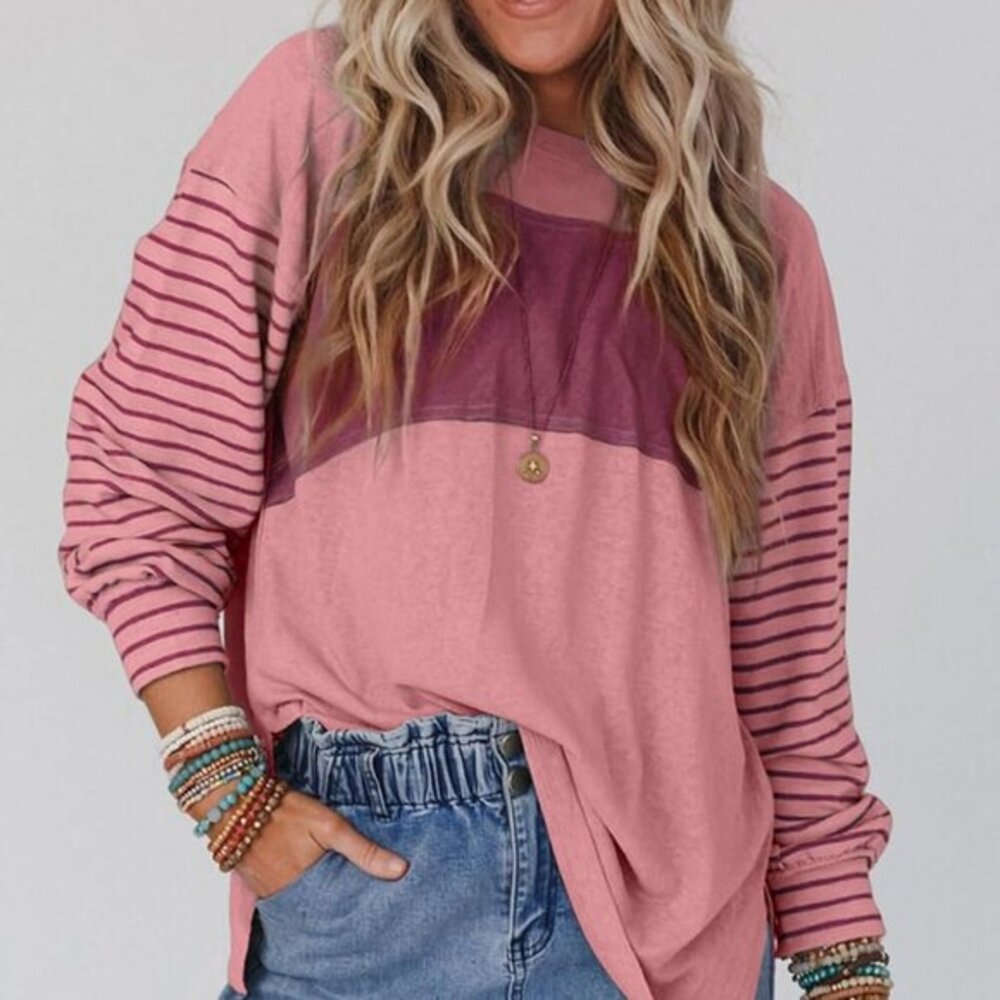 Fall Oversized Long Sleeve Top - Round Neck,‎ Color Block, Casual Blouse, Peach